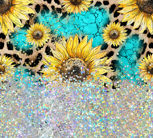 TURQUOISE SUNFLOWER GLITTER PEN/CUP COMBO