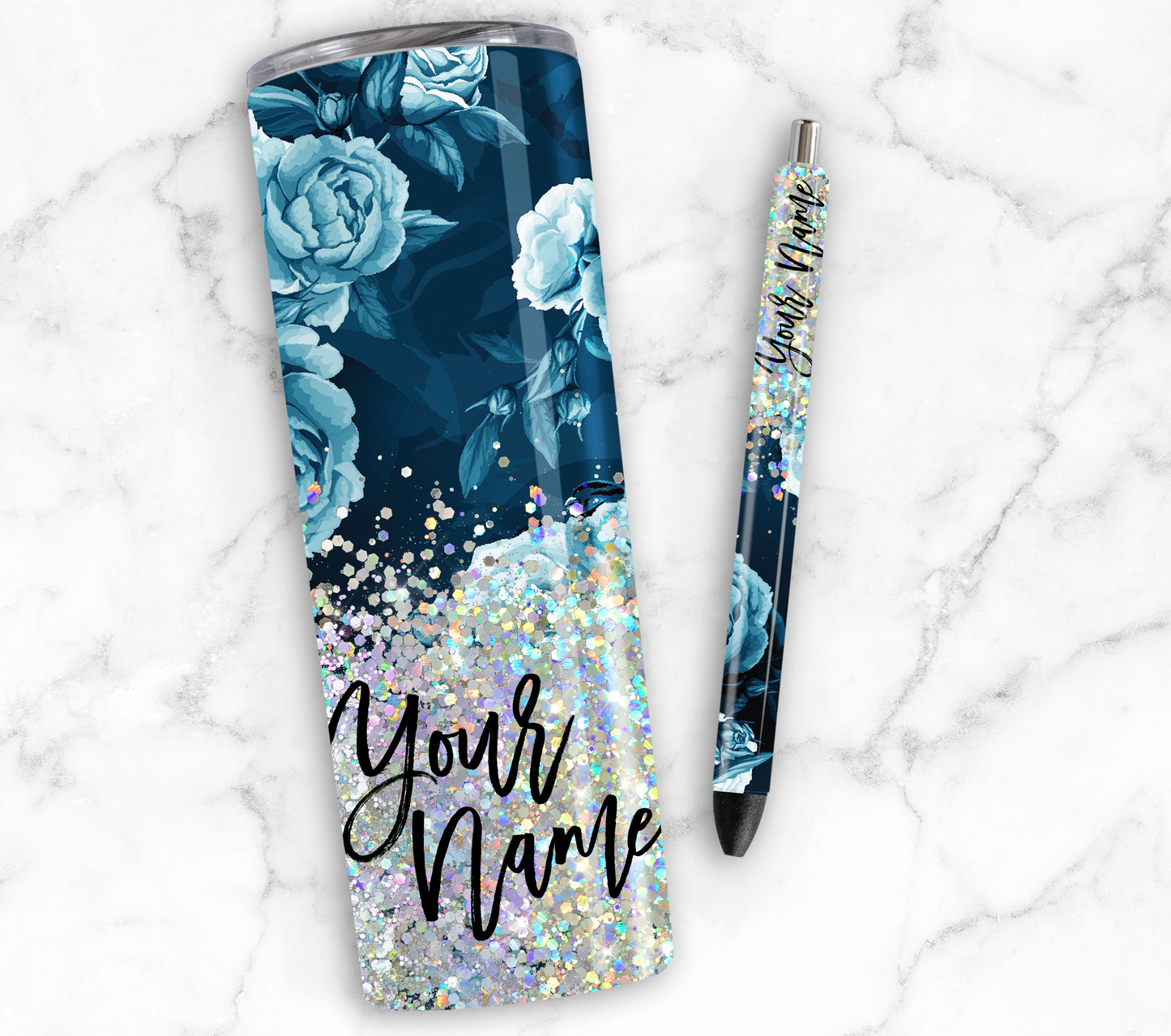 BLUE FLORAL PRINT CUP GLITTER PEN/CUP COMBO