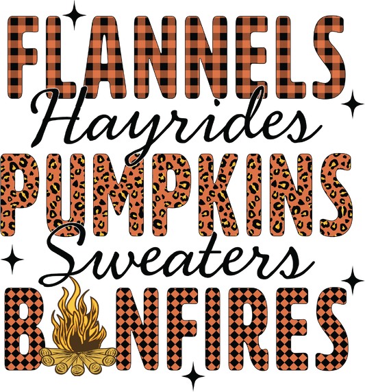 FLANNELS HAYRIDES PUMPKINS SWEATERS BONFIRES