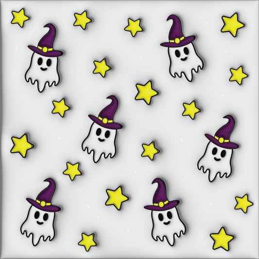 PUFF GHOSTS WITH WITCHES HATS