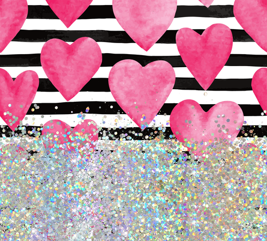 PINK HEART STRIPED GLITTER PEN/CUP COMBO