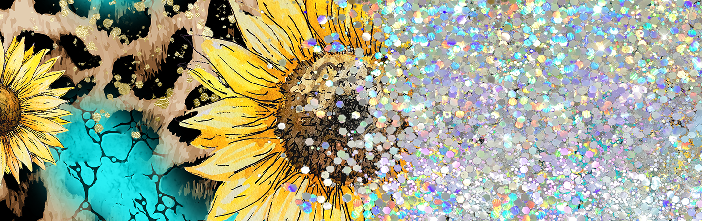 TURQUOISE SUNFLOWER GLITTER PEN/CUP COMBO