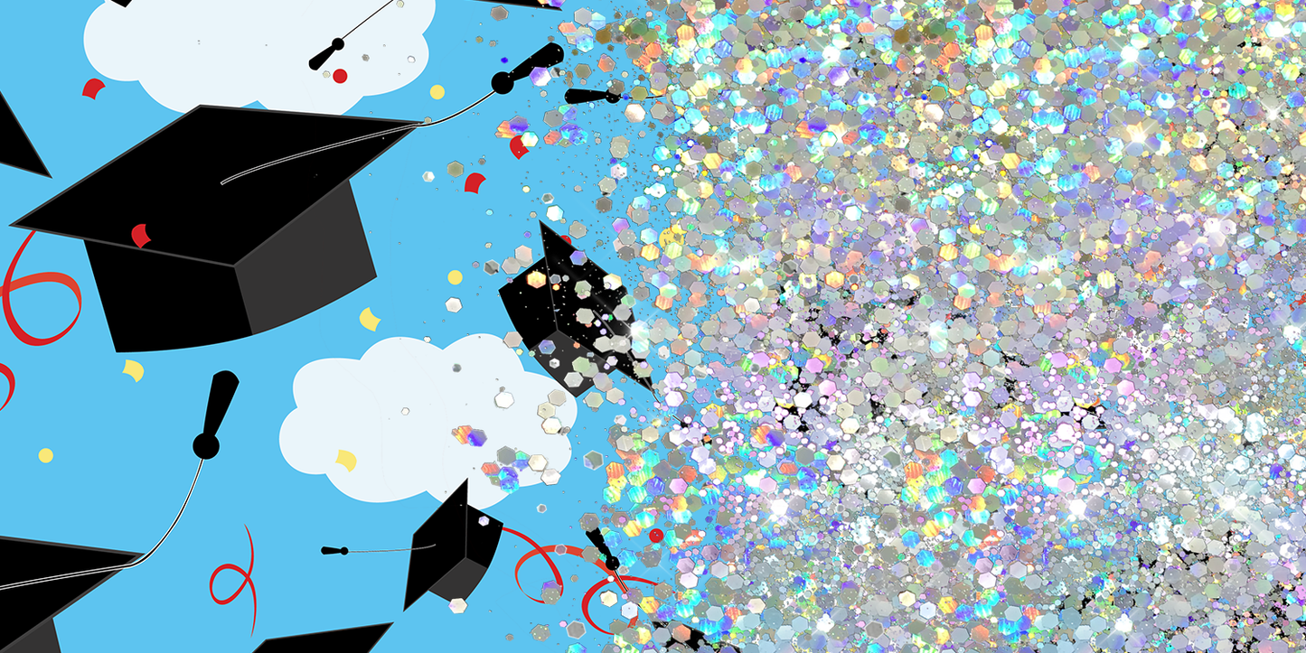 BLUE GRADUATION CAP GLITTER PEN/CUP COMBO