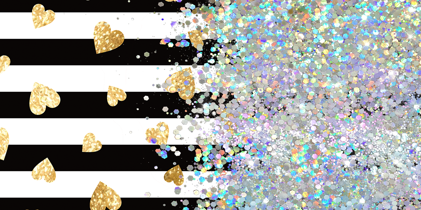 GOLD HEART STRIPED PRINT CUP GLITTER PEN/CUP COMBO
