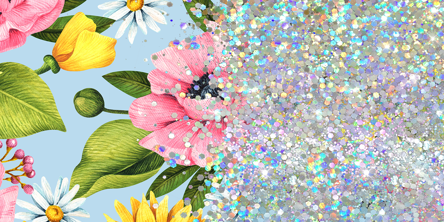BLUE FLORAL GLITTER PEN/CUP COMBO