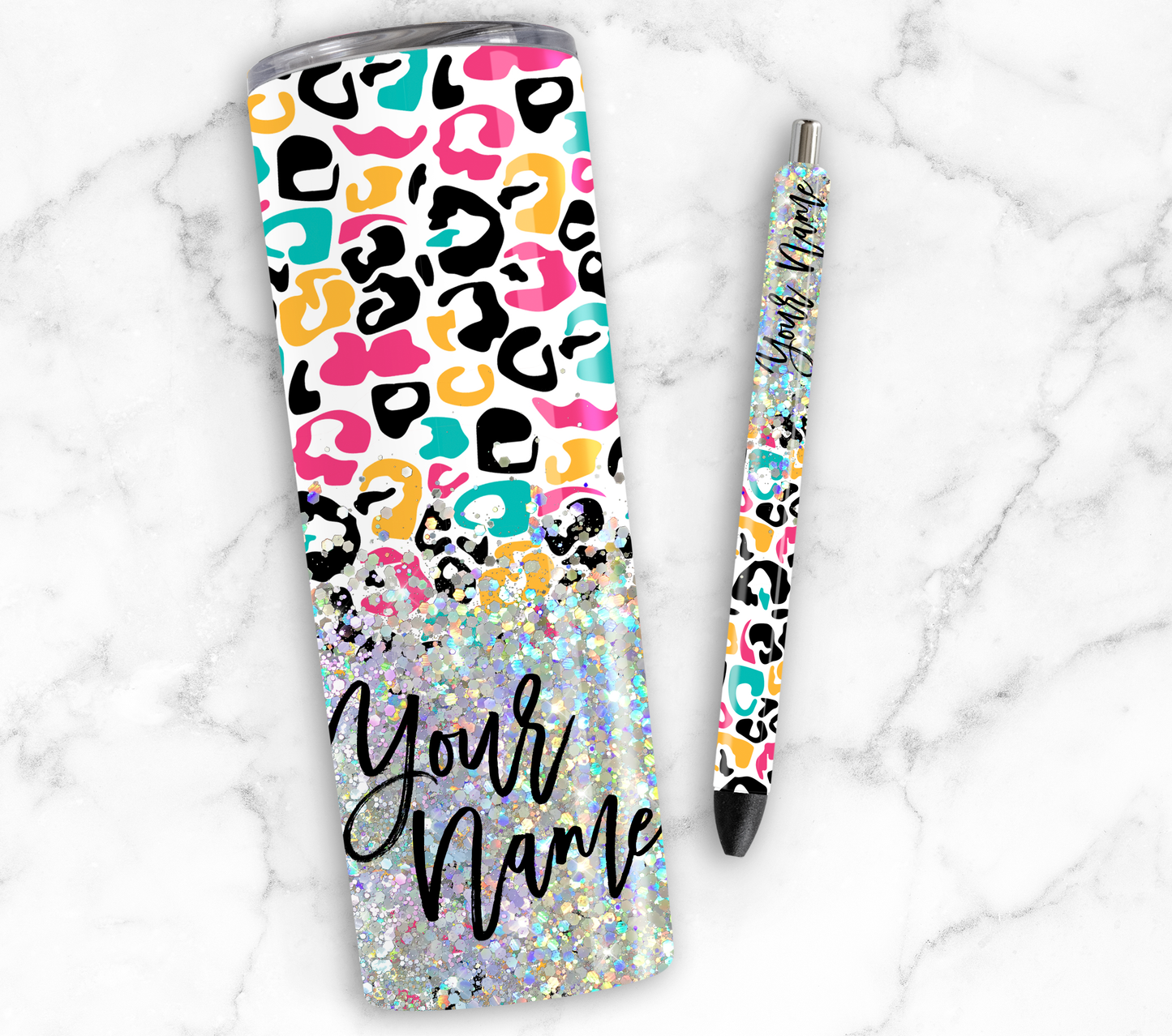 MULTI COLORED LEOPARD GLITTER PEN/CUP COMBO