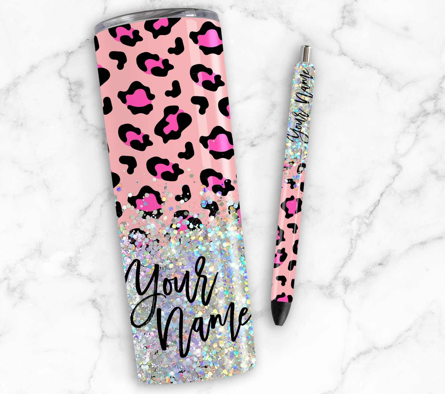 PINK PRINT CUP GLITTER PEN/CUP COMBO