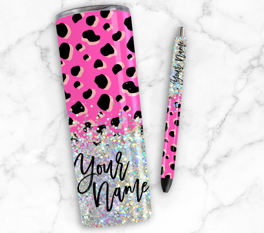 HOT PINK PRINT CUP GLITTER PEN/CUP COMBO