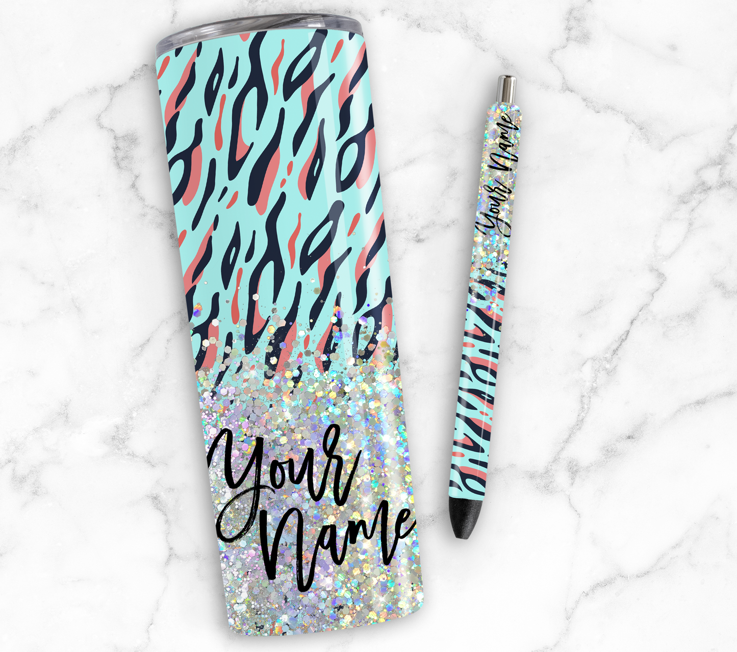 GREEN FLAME PRINT CUP GLITTER PEN/CUP COMBO