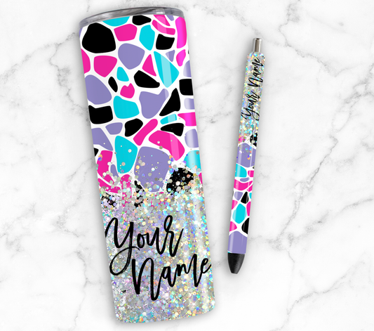 MULTI COLORED PRINT CUP GLITTER PEN/CUP COMBO