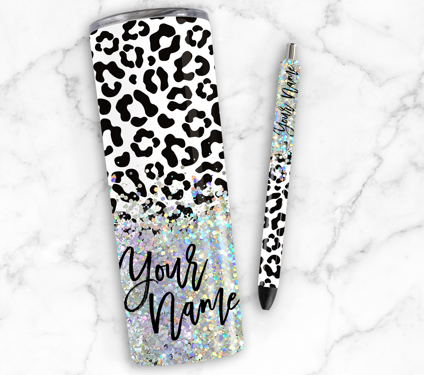 BLACK LEOPARD PRINT GLITTER PEN/CUP COMBO