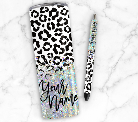 BLACK LEOPARD PRINT GLITTER PEN/CUP COMBO