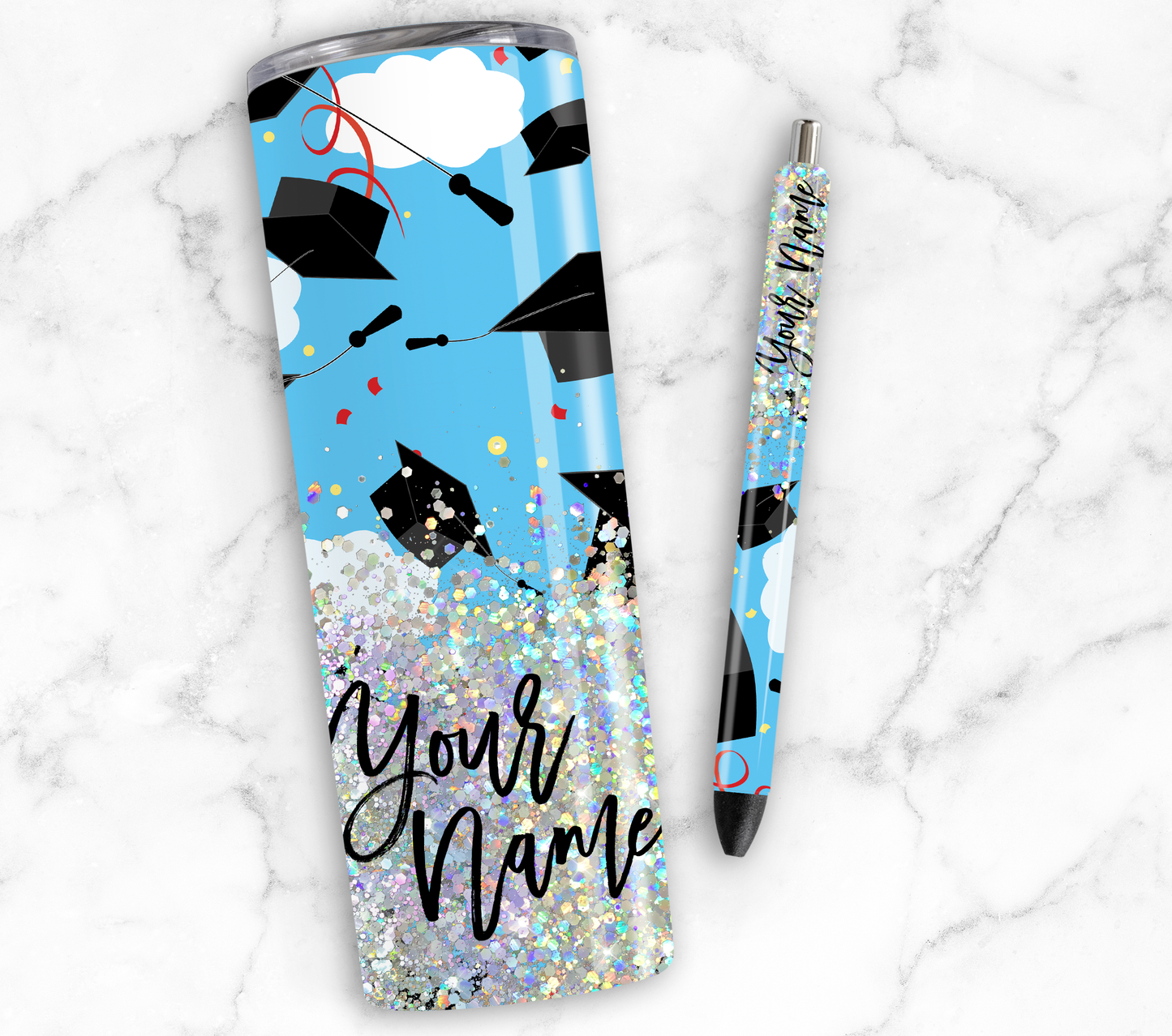 BLUE GRADUATION CAP GLITTER PEN/CUP COMBO