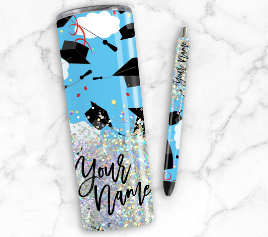 BLUE GRADUATION CAP GLITTER PEN/CUP COMBO