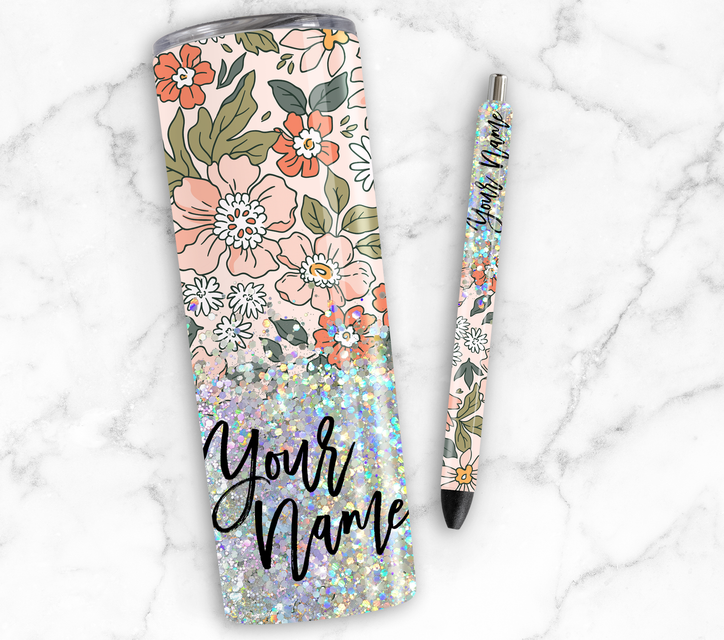 BOHO FLORAL GLITTER PEN/CUP COMBO