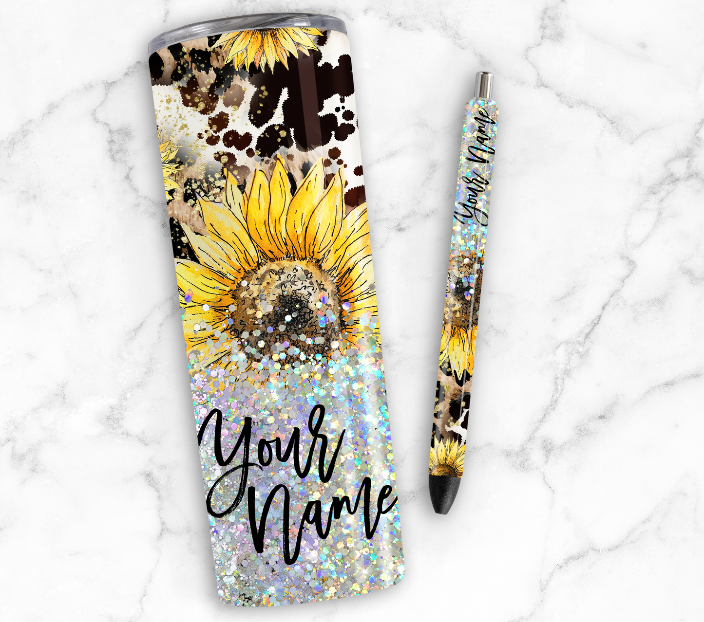 SUNFLOWER COW PRINT GLITTER PEN/CUP COMBO