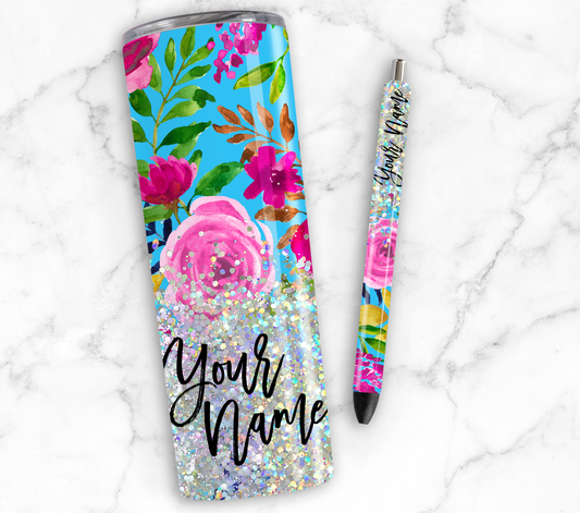 ROSE FLORAL GLITTER PEN/CUP COMBO