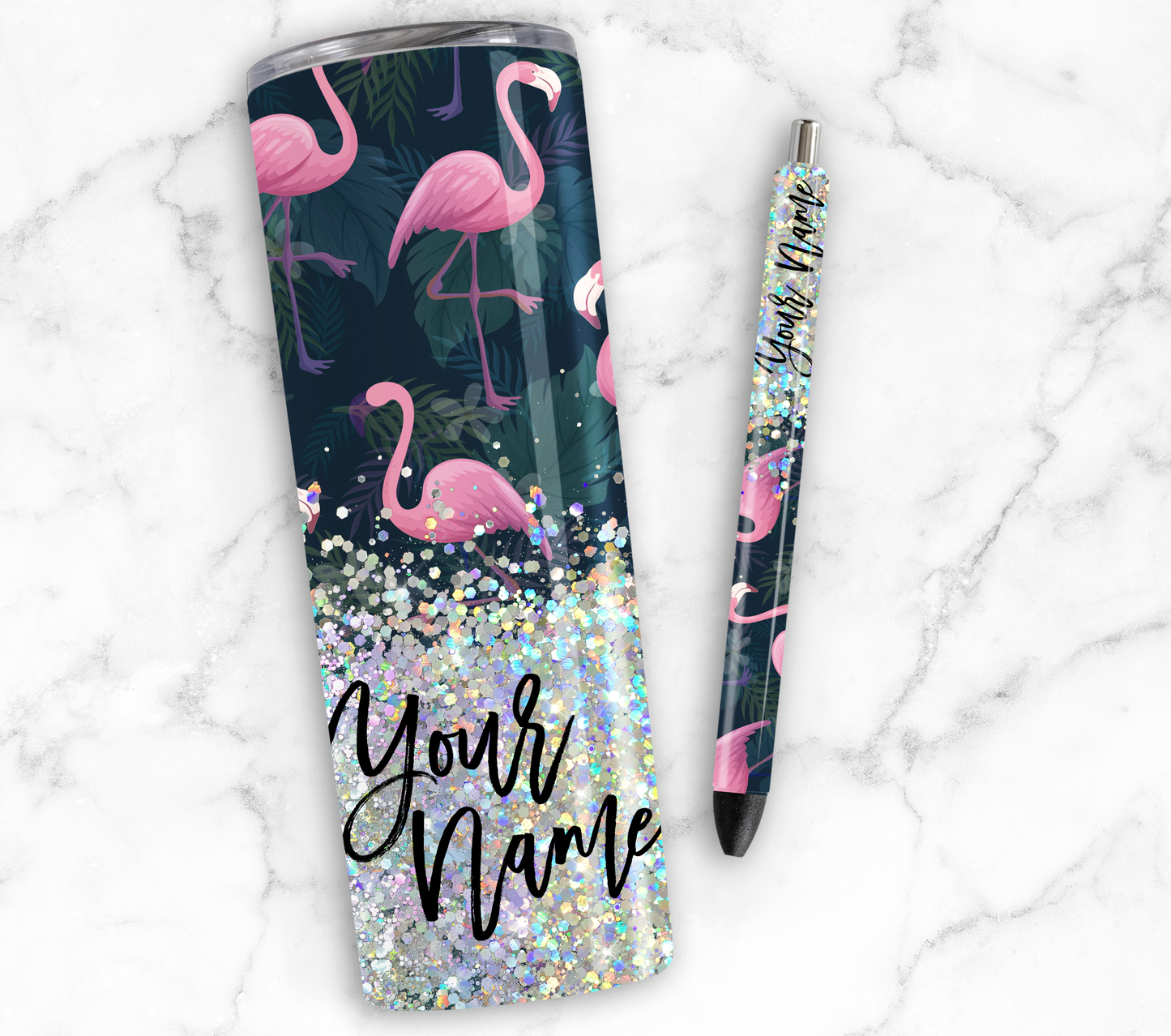 FLAMINGO PRINT CUP GLITTER PEN/CUP COMBO