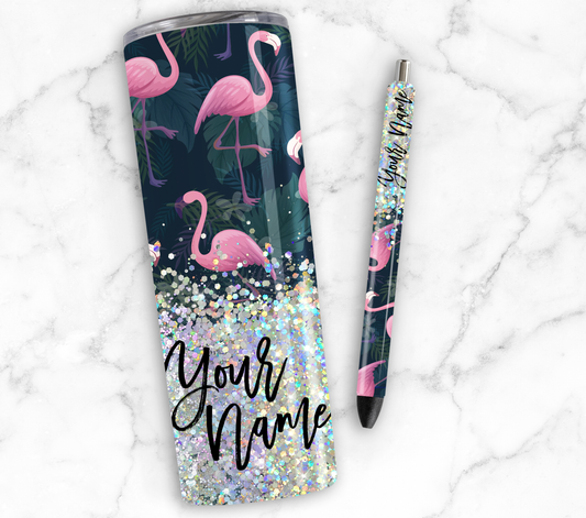 FLAMINGO PRINT CUP GLITTER PEN/CUP COMBO