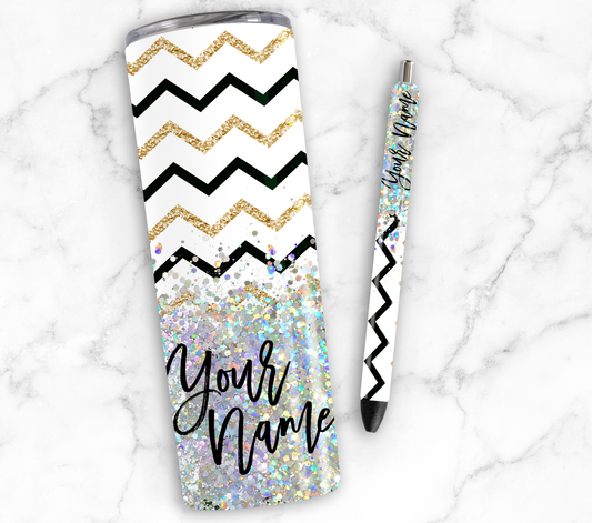 CHEVRON PRINT GLITTER PEN/CUP COMBO