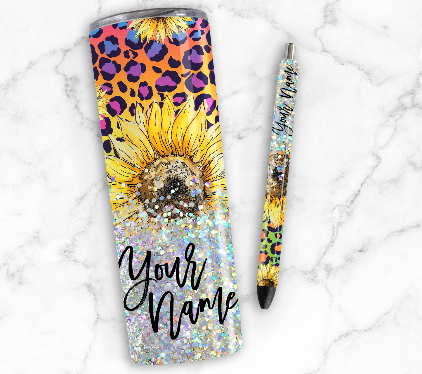 MULTI COLORED LEOPARD SUNFLOWER GLITTER PEN/CUP COMBO