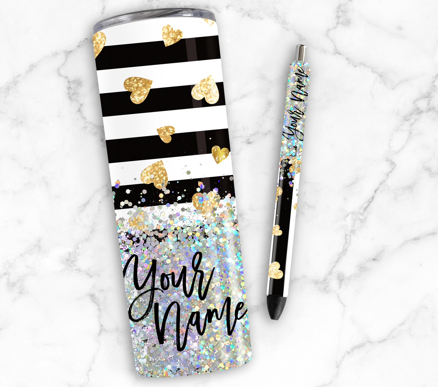 GOLD HEART STRIPED PRINT CUP GLITTER PEN/CUP COMBO