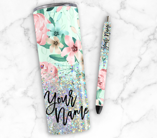 FLORAL GLITTER PEN/CUP COMBO
