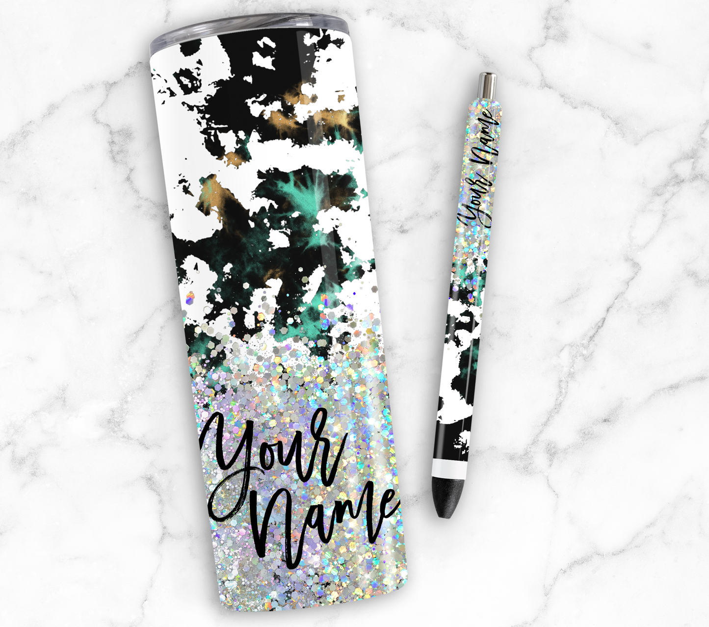 COLORED COW PRINT CUP GLITTER PEN/CUP COMBO