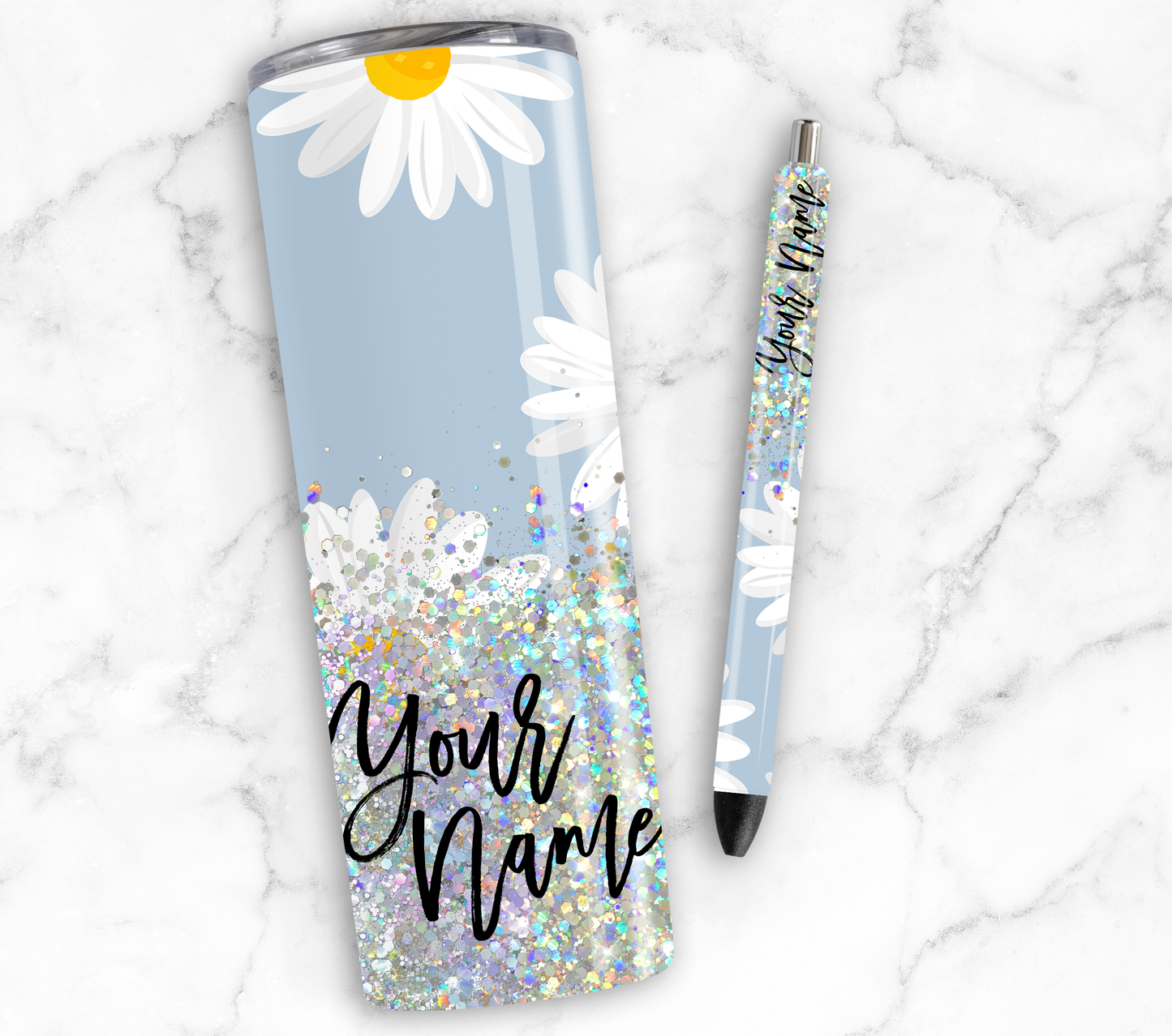 BLUE FLORAL PRINT CUP GLITTER PEN/CUP COMBO