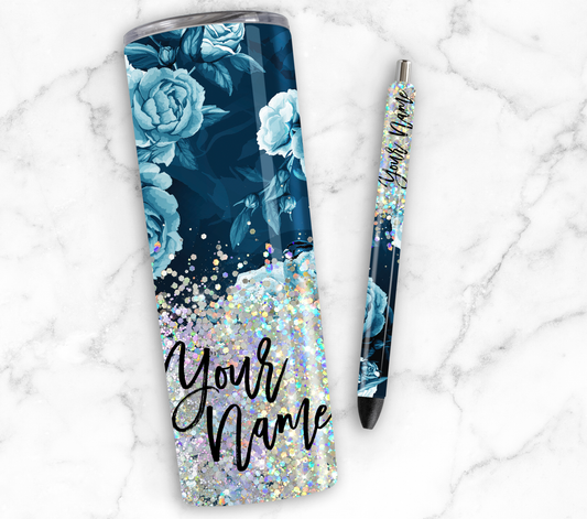 BLUE FLORAL PRINT CUP GLITTER PEN/CUP COMBO