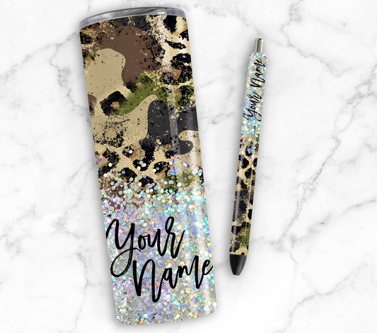 CAMO ANIMAL PRINT CUP GLITTER PEN/CUP COMBO