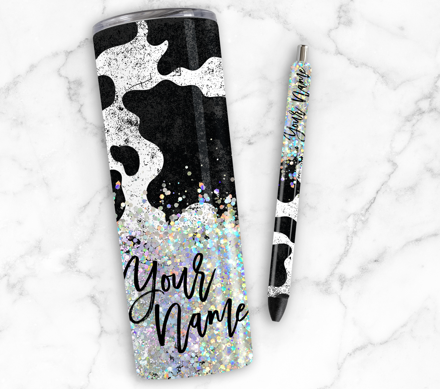 COW PRINT CUP GLITTER PEN/CUP COMBO