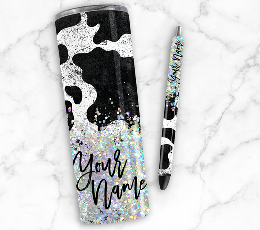COW PRINT CUP GLITTER PEN/CUP COMBO