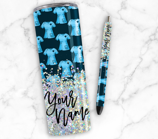 BLUE SHIRT PRINT CUP GLITTER PEN/CUP COMBO