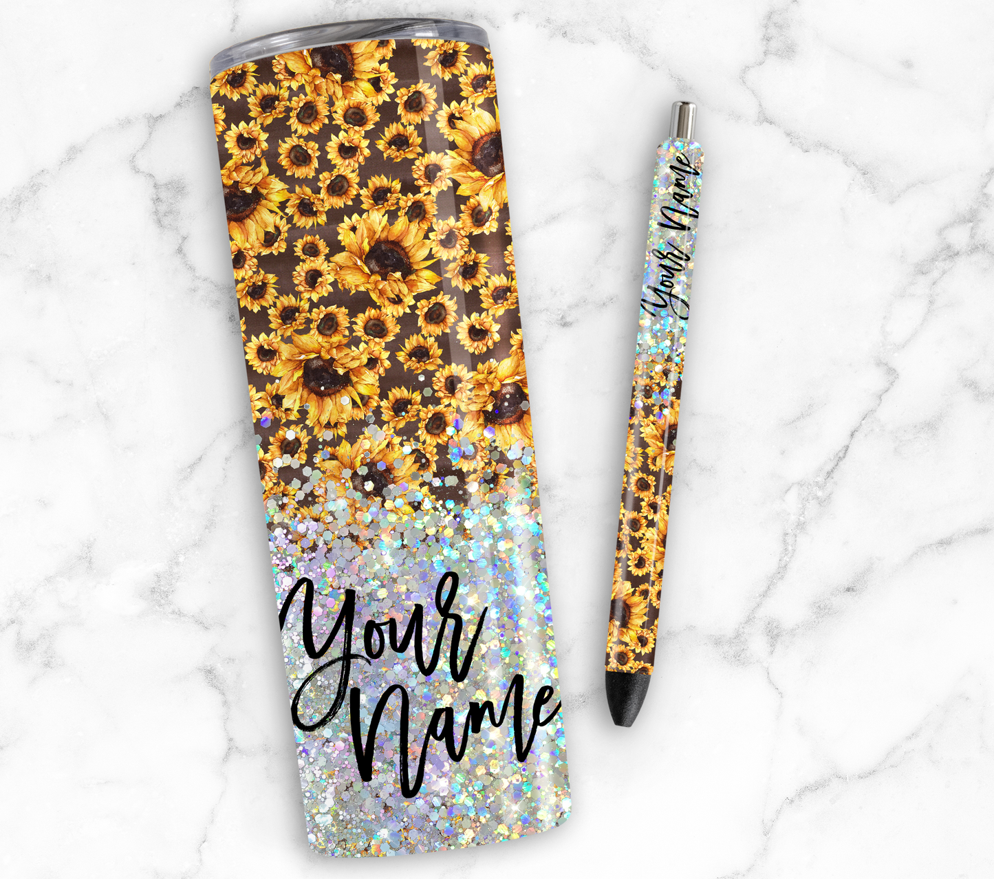 SUNFLOWER PRINT CUP GLITTER PEN/CUP COMBO