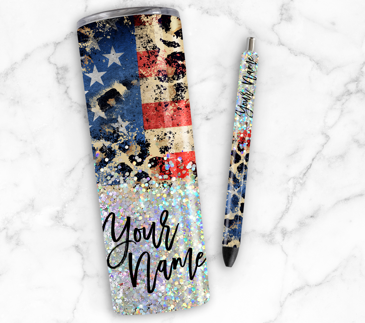 AMERICAN FLAG PRINT CUP GLITTER PEN/CUP COMBO