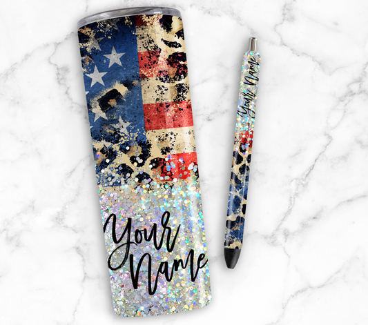 AMERICAN FLAG PRINT CUP GLITTER PEN/CUP COMBO