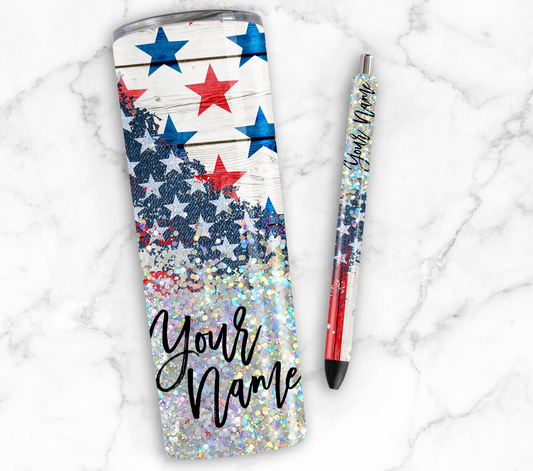 AMERICAN FLAG PRINT CUP GLITTER PEN/CUP COMBO