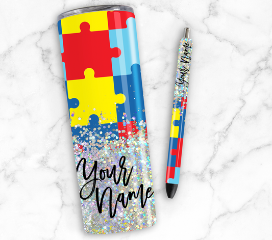 PUZZLE PIECE GLITTER PEN/CUP COMBO