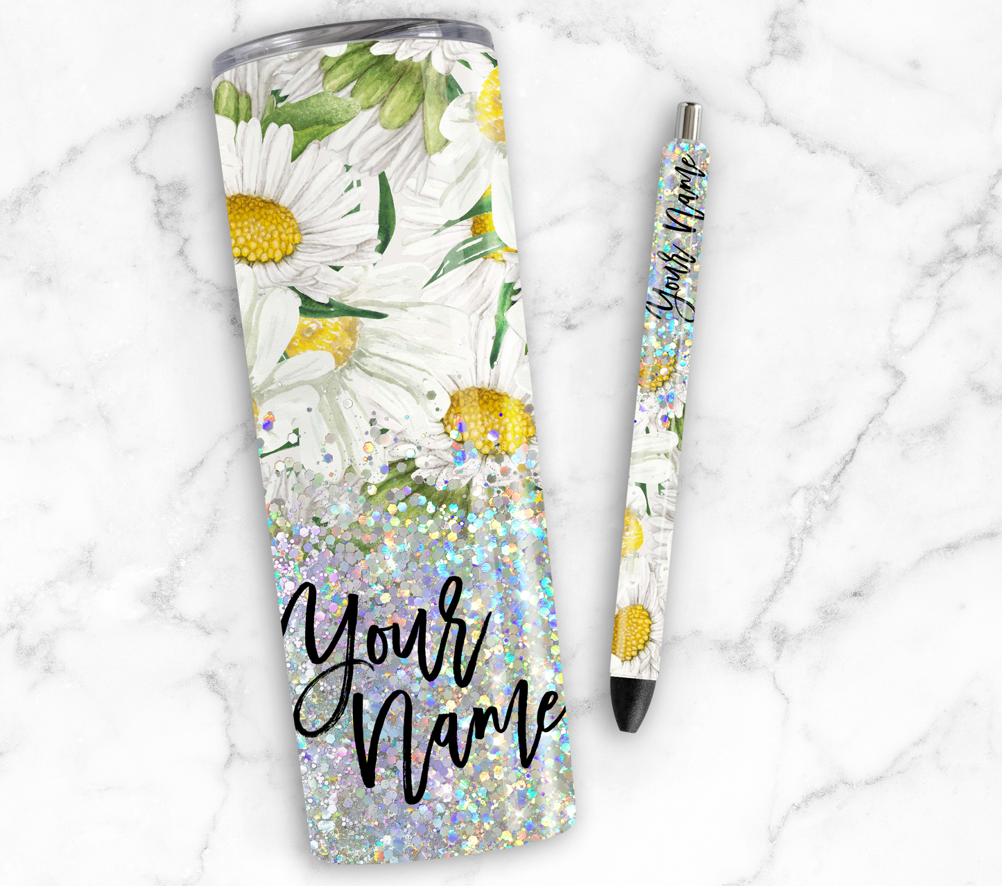 DAISY PRINT CUP GLITTER PEN/CUP COMBO