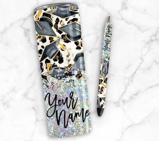 GRADUATION CAP PRINT CUP GLITTER PEN/CUP COMBO