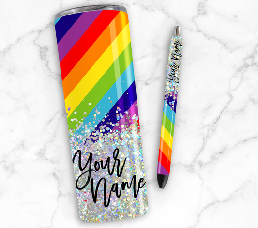 RAINBOW PRINT CUP GLITTER PEN/CUP COMBO
