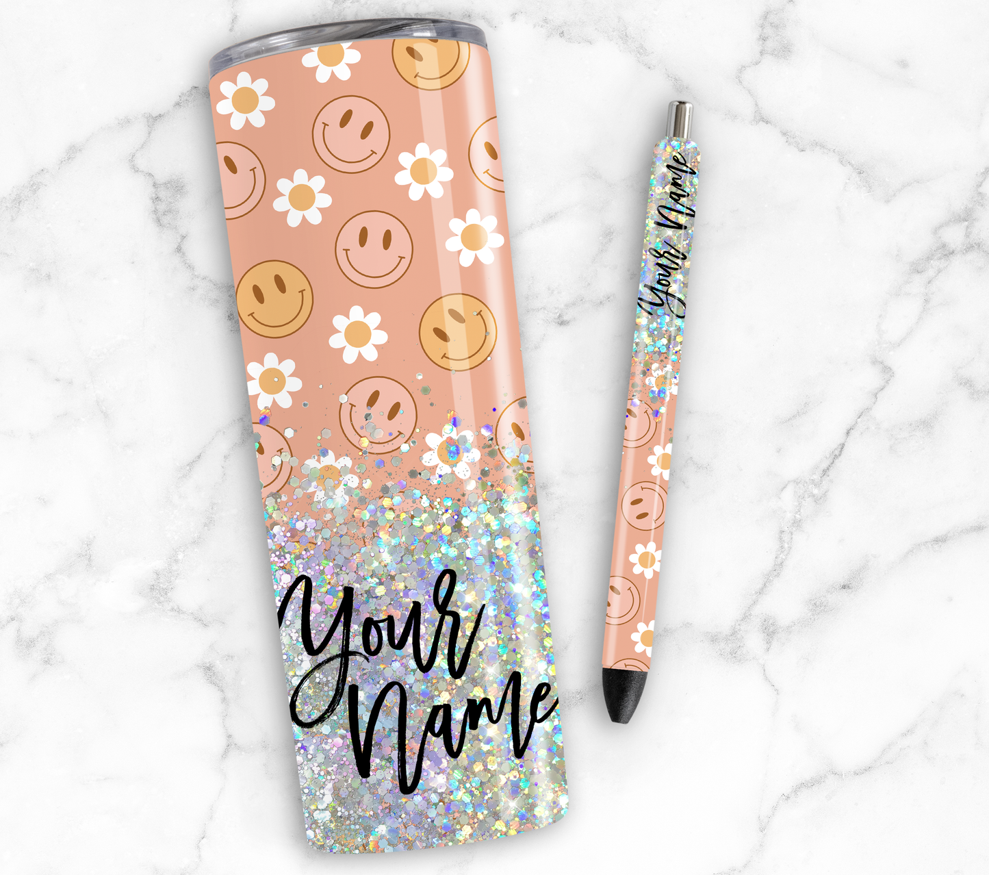 RETRO SMILEY FACE CUP GLITTER PEN/CUP COMBO