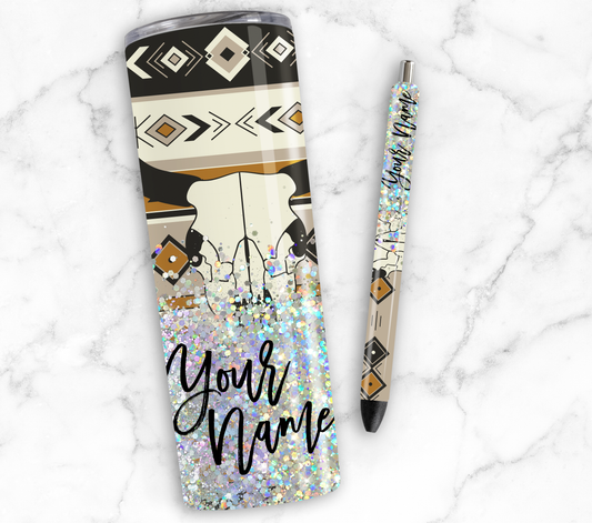 COW SKULL GLITTER PEN/CUP COMBO
