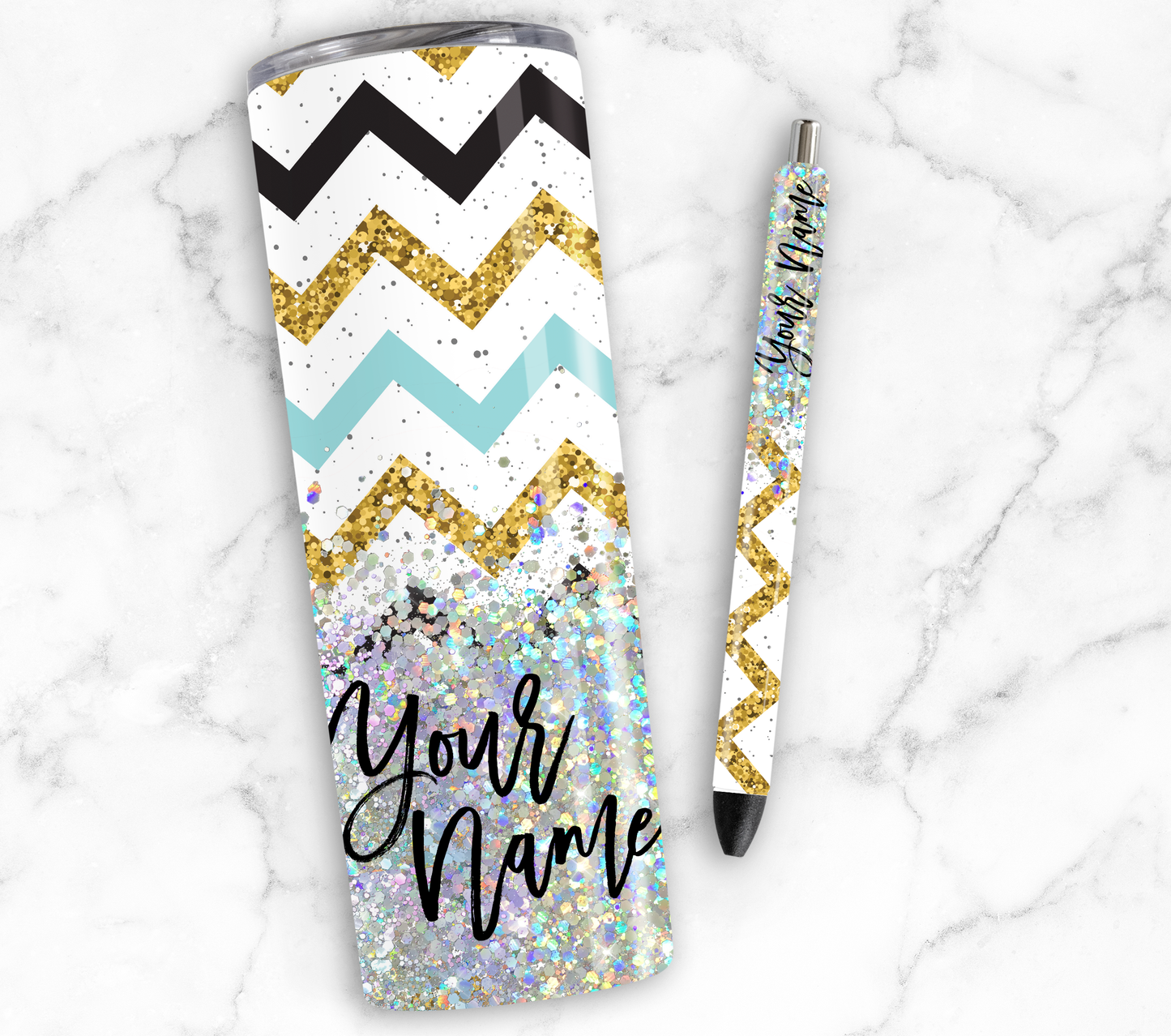 MULTI COLORED CHEVRONGLITTER PEN/CUP COMBO