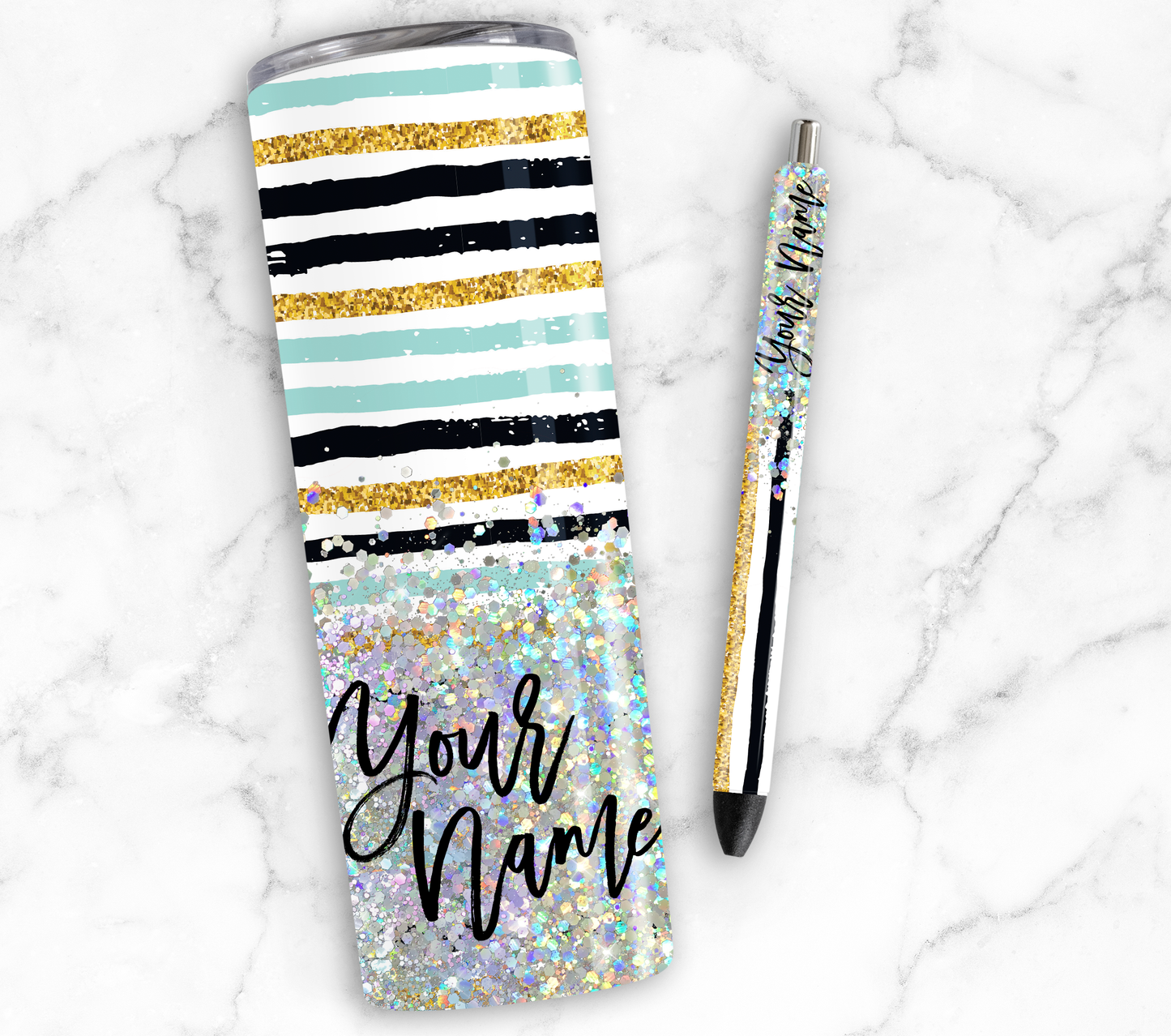 MULTI STRIPED GLITTER PEN/CUP COMBO
