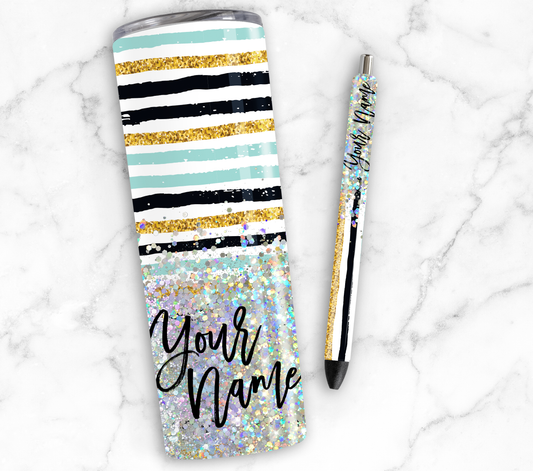 MULTI STRIPED GLITTER PEN/CUP COMBO
