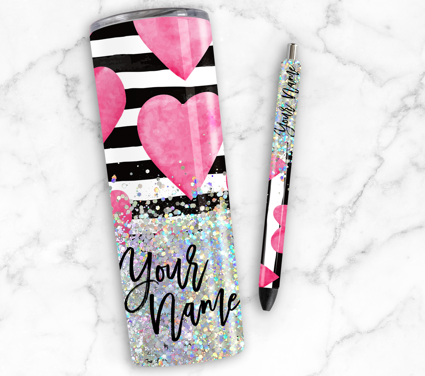 PINK HEART STRIPED GLITTER PEN/CUP COMBO