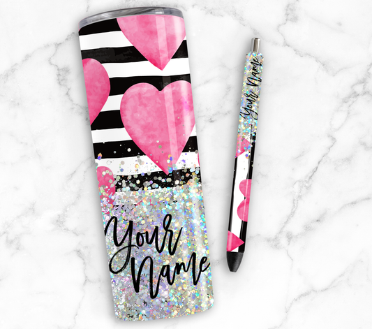 PINK HEART STRIPED GLITTER PEN/CUP COMBO