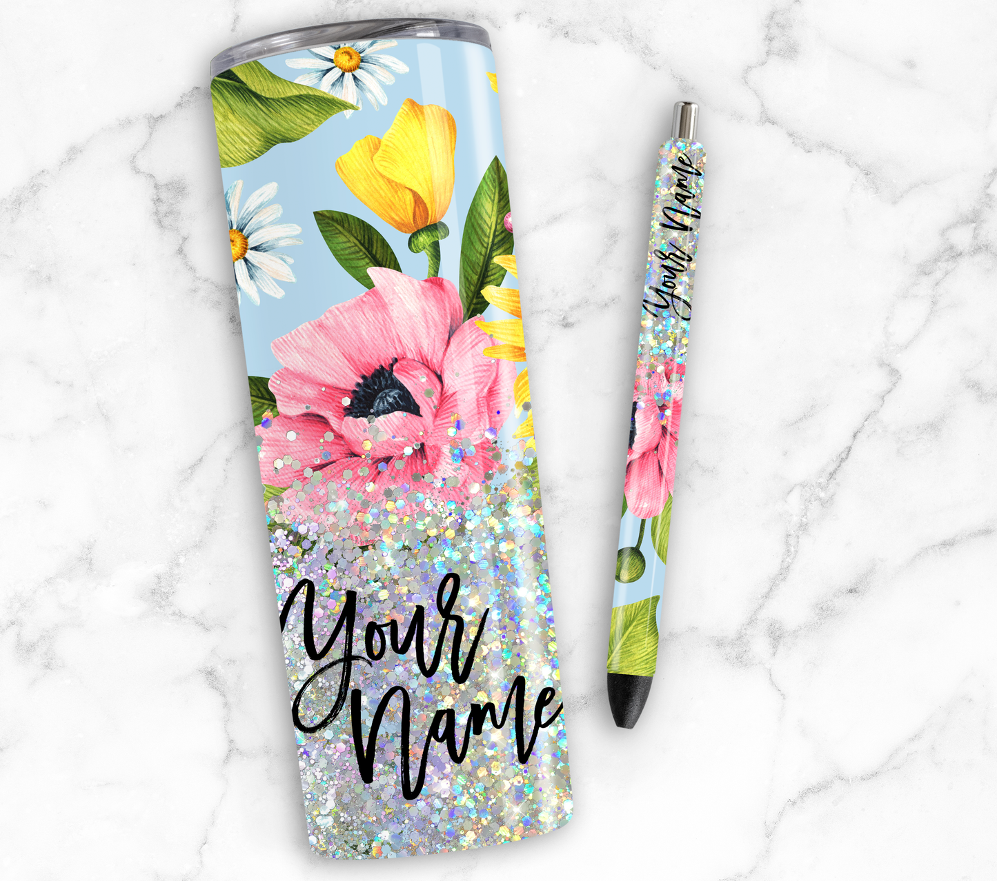 BLUE FLORAL GLITTER PEN/CUP COMBO